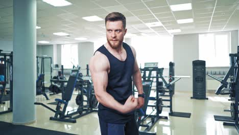 muscular bodybuilder showing strong biceps on arm. confident macho looks at his athletic body and trained muscles on the background of modern fitness club indoors.