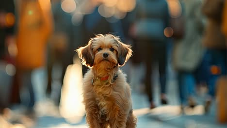 a small brown dog walking down a city street