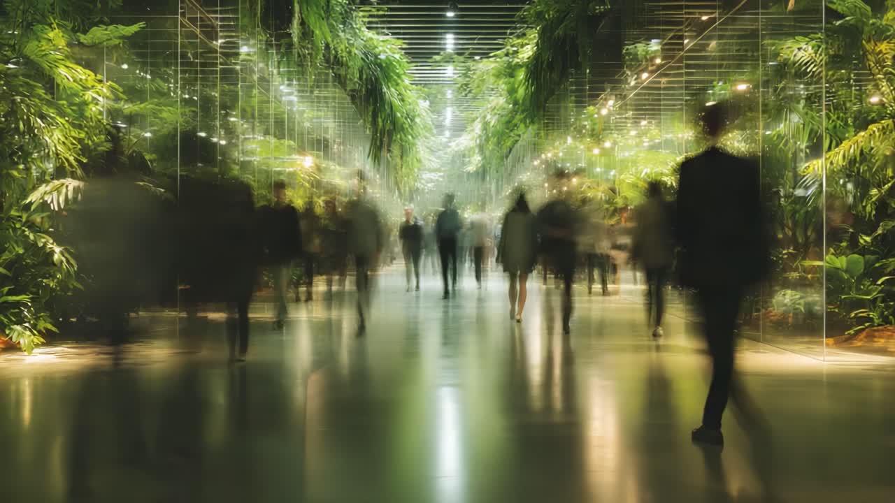 A Serene and Lush Indoor Oasis: Exploring the Enchanting Pathway Surrounded by Verdant Foliage and Gentle Illumination in a Modern Urban Space