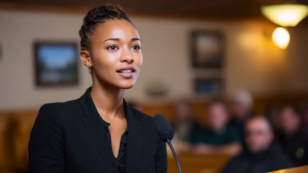 A confident female attorney passionately delivers her closing statement in a courtroom, engaging with the jury and emphasizing the key points of the case, demonstrating her expertise and commitment to justice
