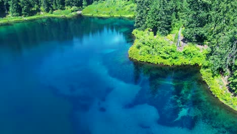 drone aerial landscape scenic view of crystal clear natural lake freezing fresh water sandy reef in oregon forest national park linn county oregon usa america travel tourism nature