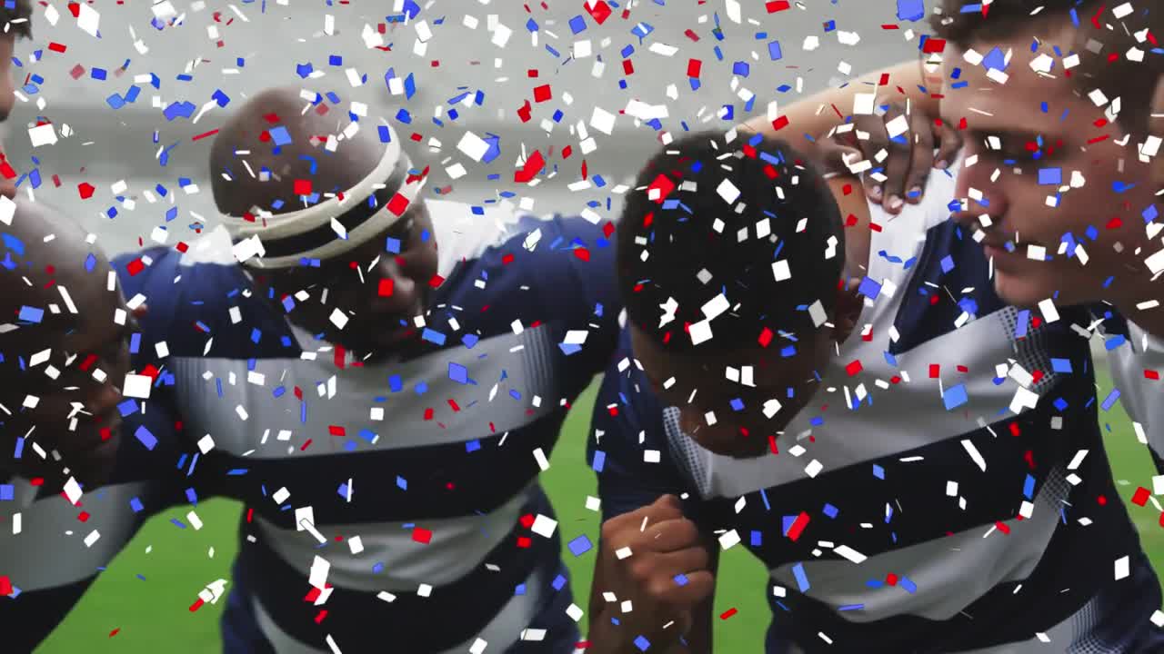경기장 에서 경기 중 남자 럭비 선수 들 위 에 있는 콘페티 의 애니메이션