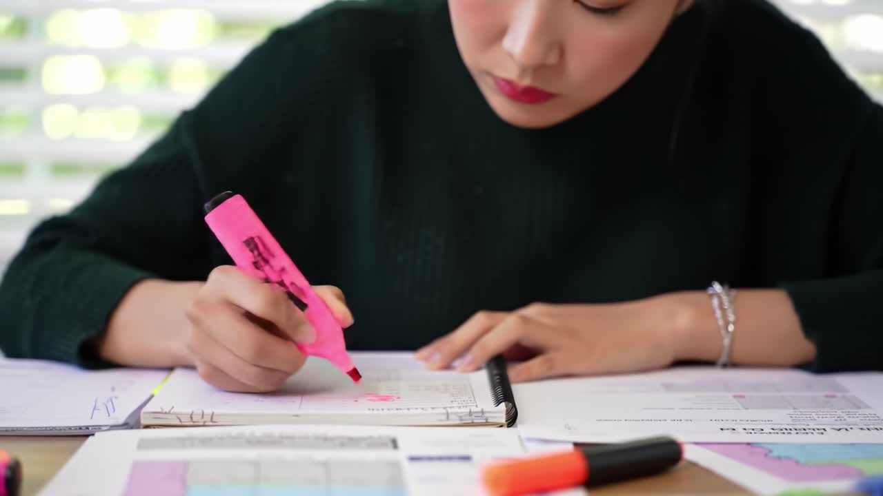 A focused student is reviewing notes and highlighting important sections in a notebook at a well-organized desk. Natural light enhances the study environment.