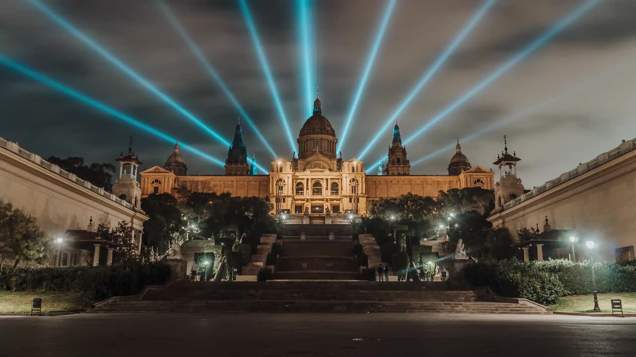 Time-lapse of Montjuic Barcelona at night on a winter day