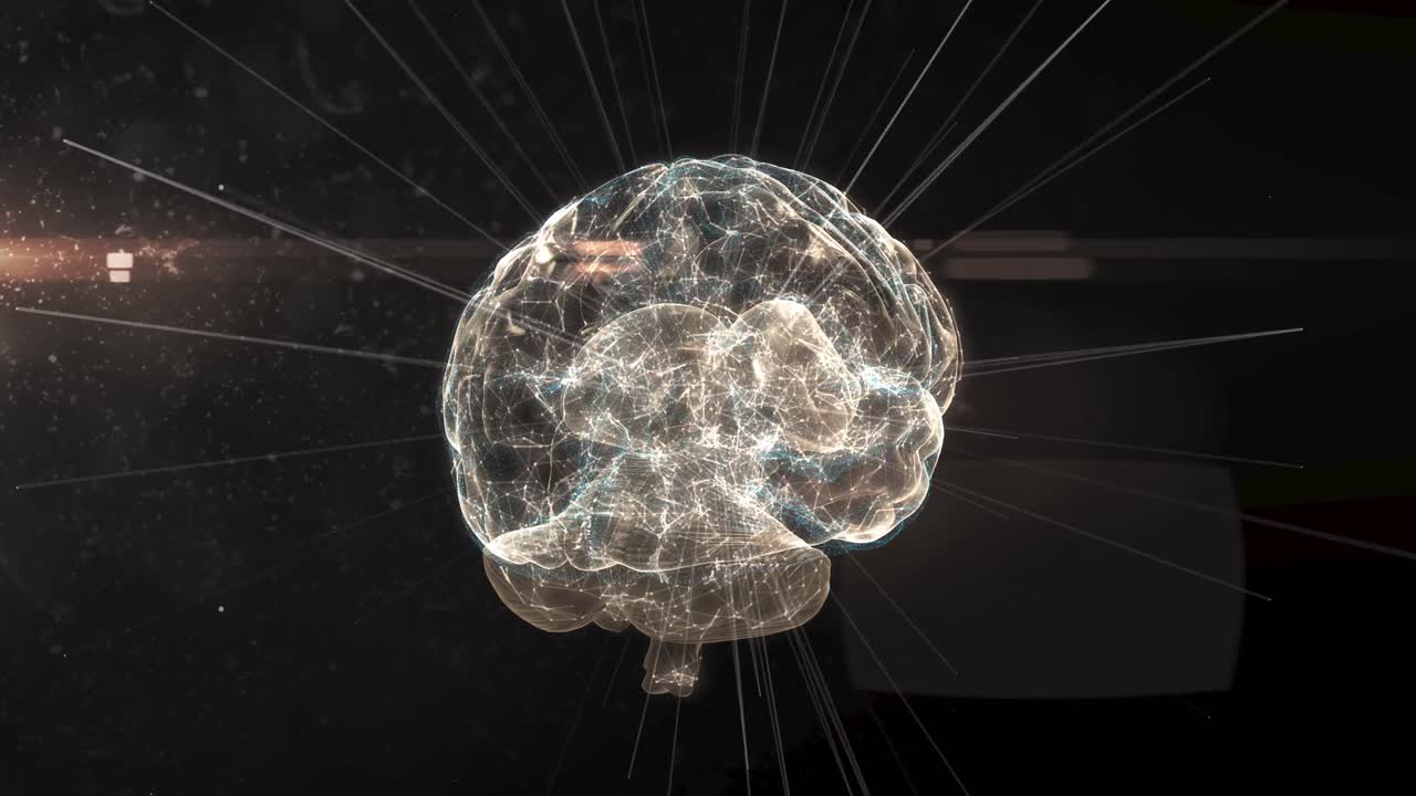 Cervello rotante su sfondo nero con scie luminose
