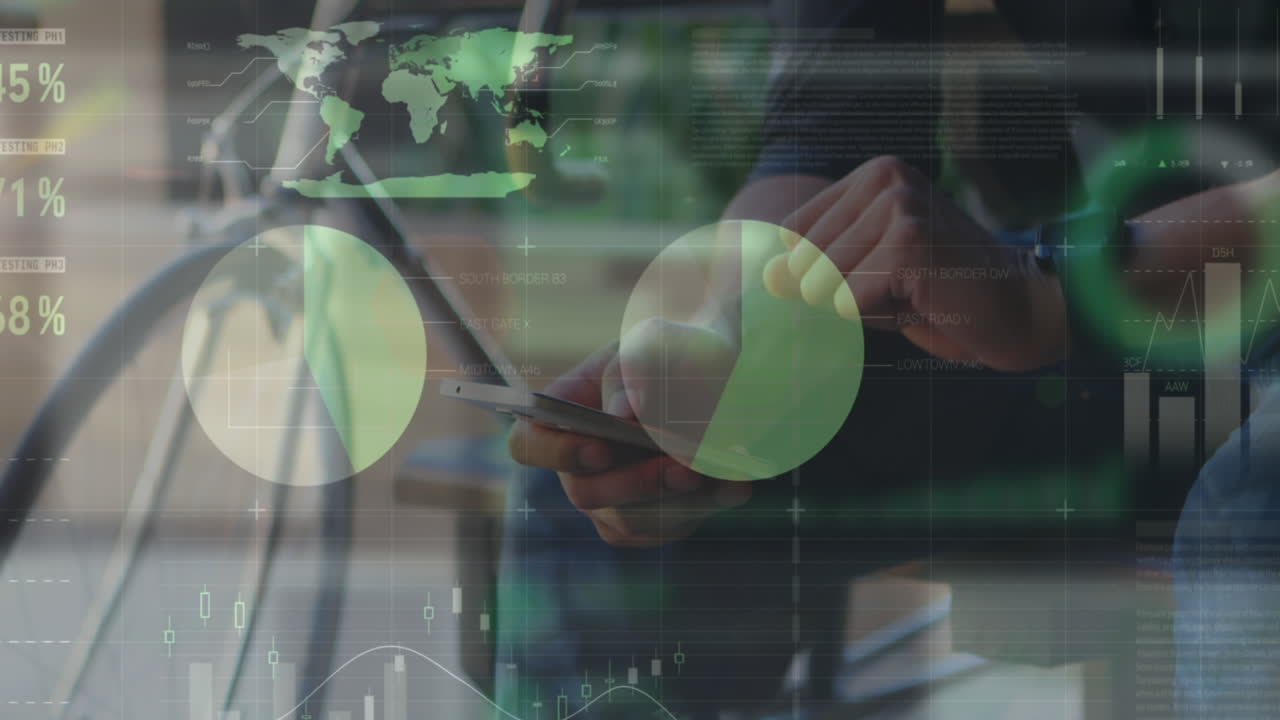 Animation of statistical data processing over mid section of man using a smartphone on the street