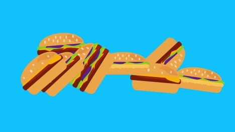 animación en stop motion de hamburguesas, diseño gráfico plano, tecla de croma de pantalla azul
