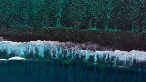aerial view of turquoise ocean waves crashing on a coral reef