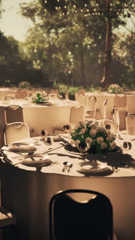 outdoor wedding reception with white tables and chairs