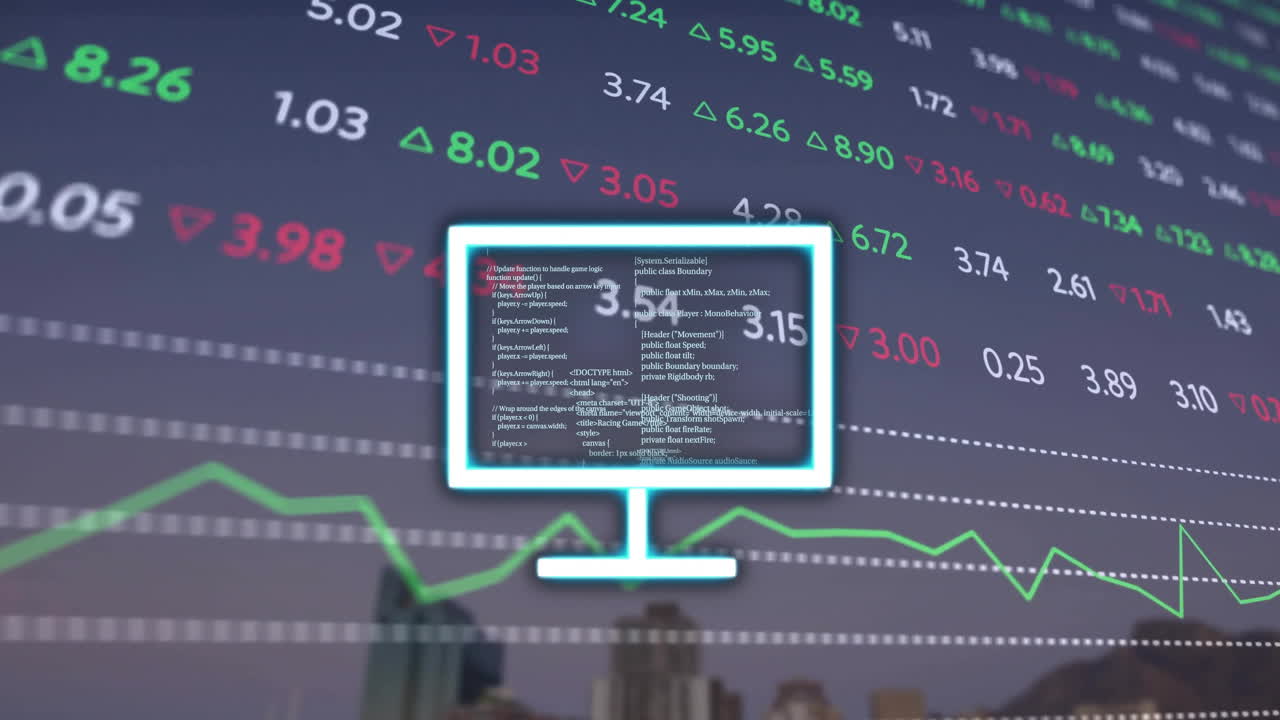 dati del mercato azionario e animazione del grafico finanziario sullo sfondo del paesaggio cittadino