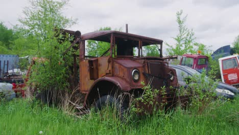 camión de los años 40 que ha estado oxidado durante décadas rodeado de otros coches oxidados en un bosque