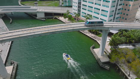 Tracking-of-Metromover-vehicle-driving-on-tall-bridge-over-rippled-water.-Boat-moving-on-river-in-city.-Miami,-USA
