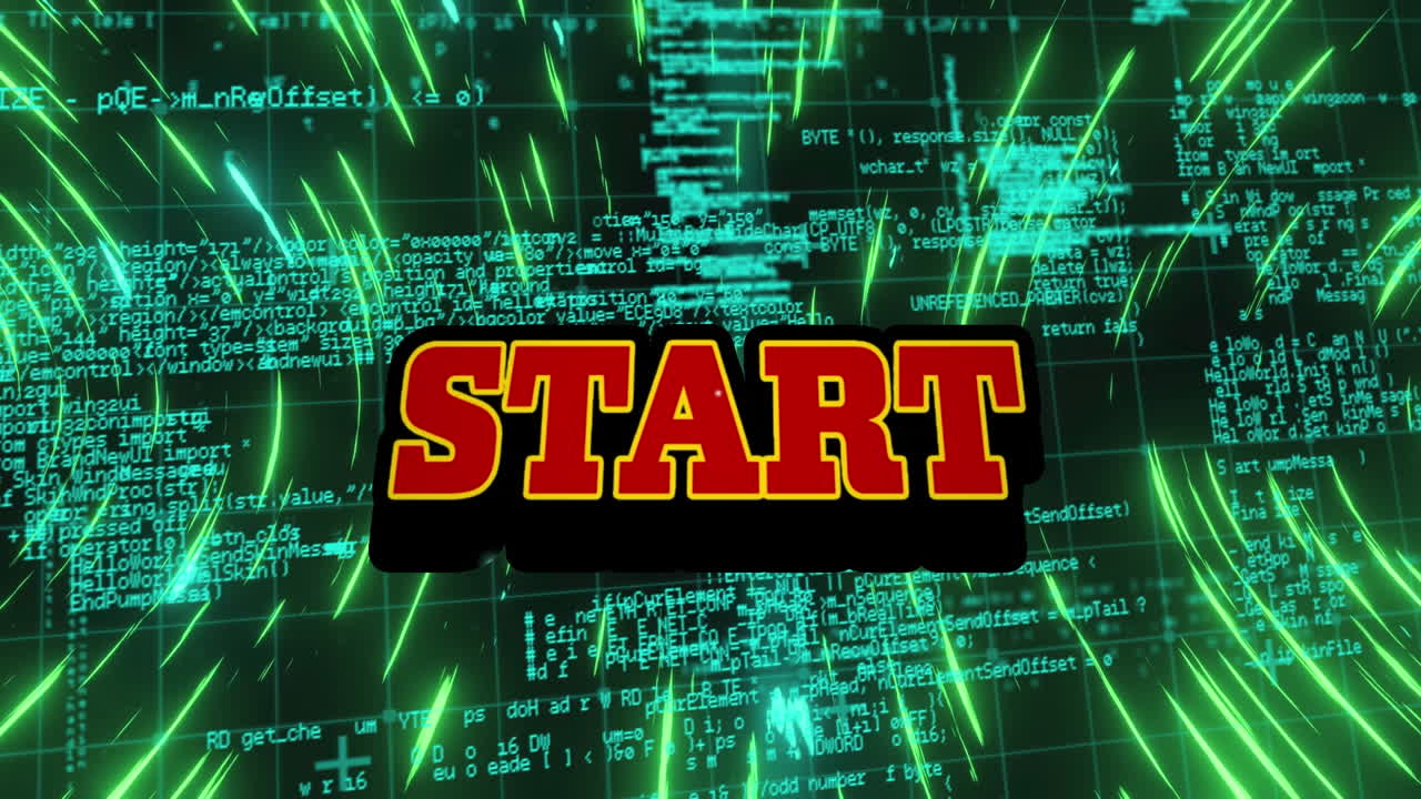 animación de texto rojo de inicio sobre procesamiento de datos y luces verdes brillantes en el fondo