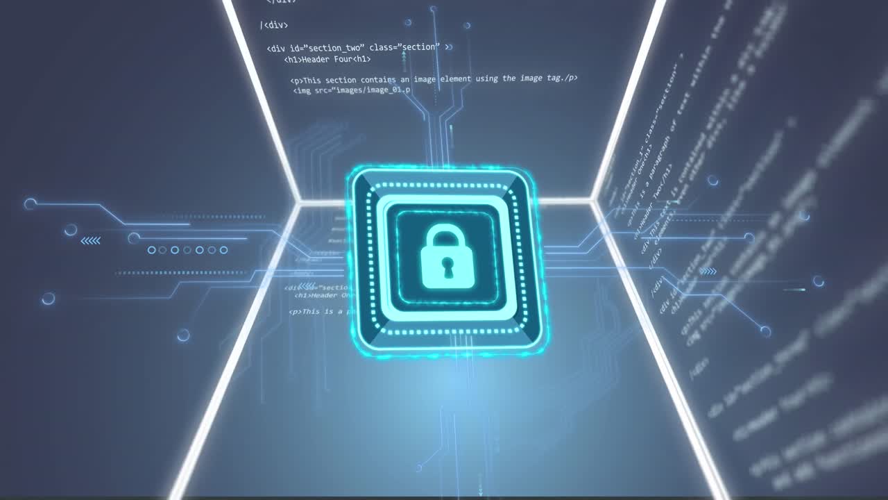 Animation of rotating cube and padlock over network of connections