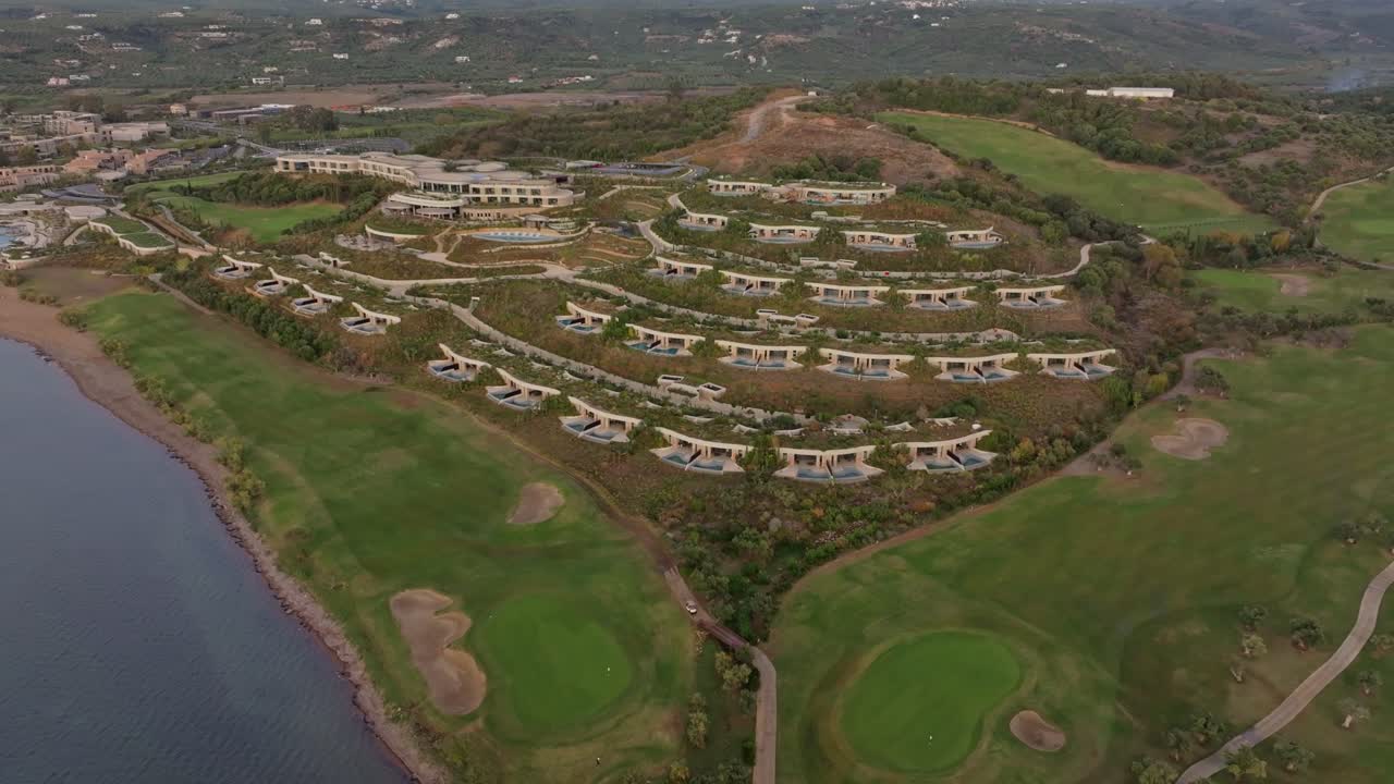 Aerial view of golf course touching Mediterranean coast near Pylos