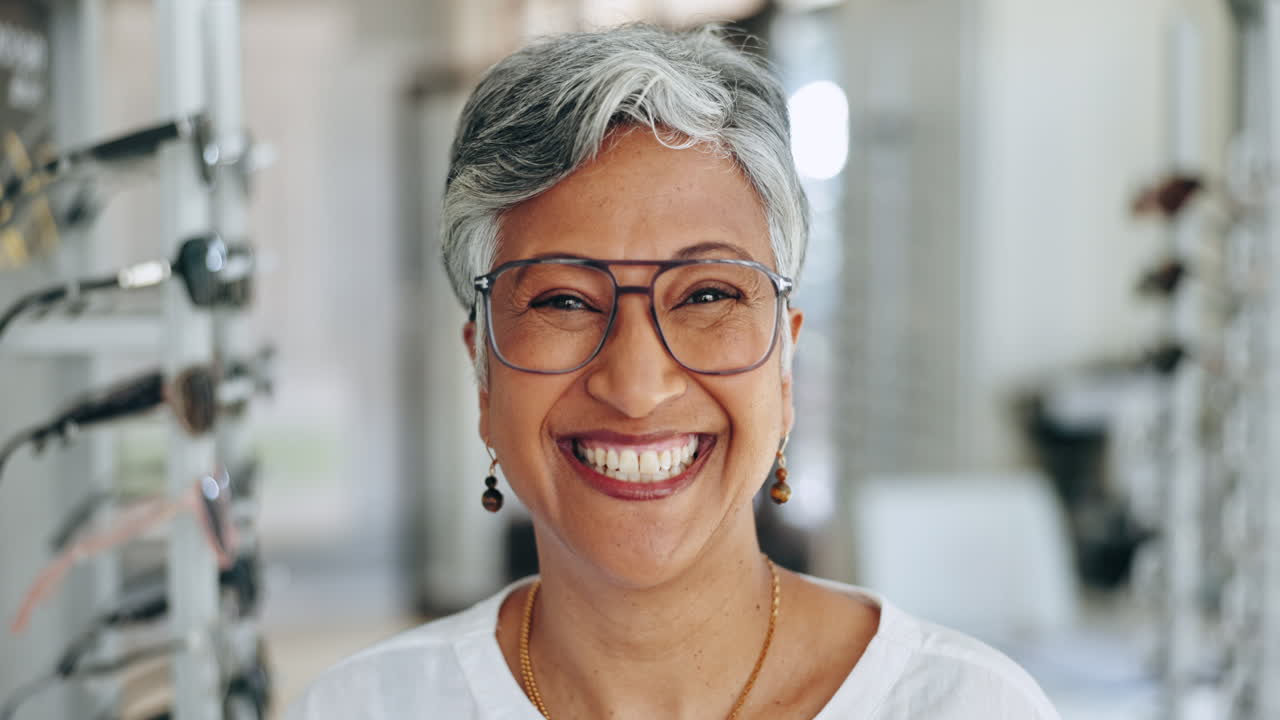Optometry, glasses and face of senior woman