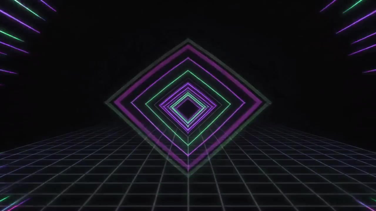 Retro Synthwave Style Neon Tunnel with Glowing Geometric Shapes