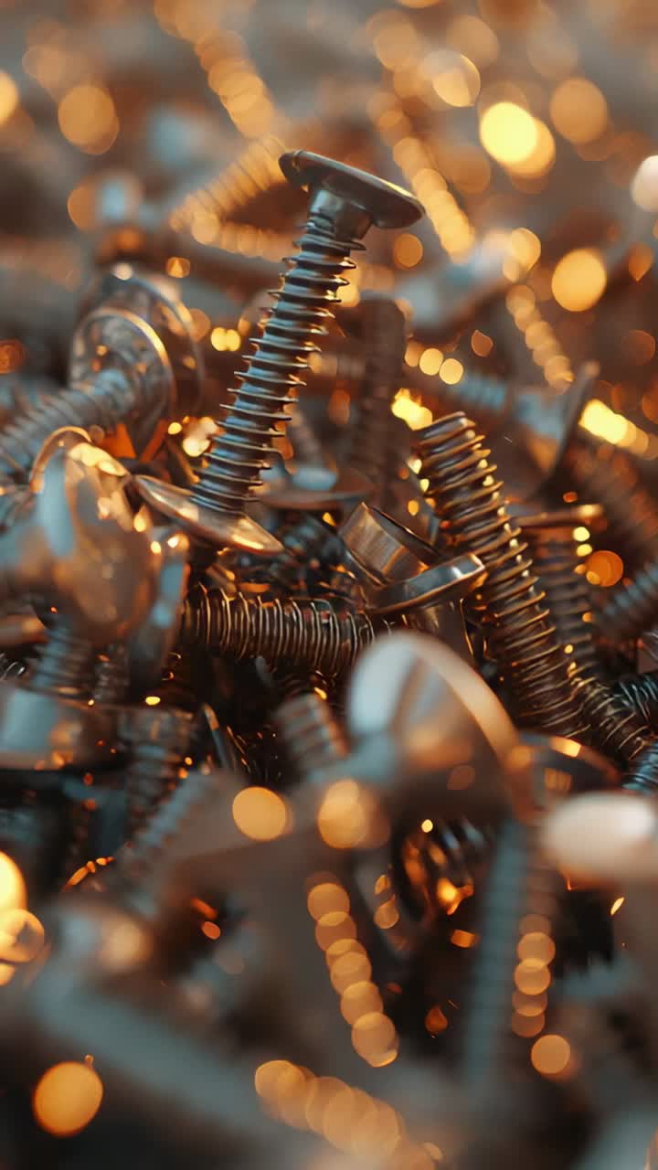 Vertical video: Shifting camera revealing pile of screws and washers on shallow tray for detail