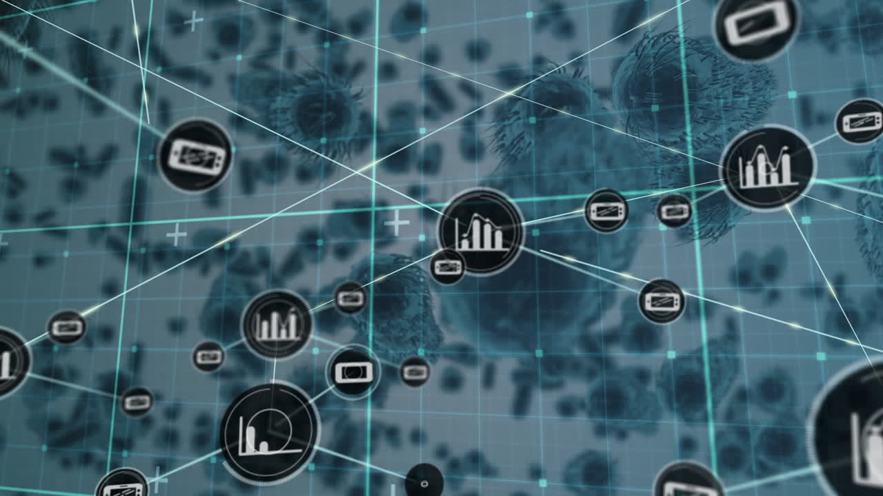 red de iconos digitales sobre red de rejilla contra múltiples células de covid-19 en fondo negro