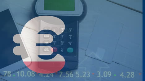 animation of euro sign and financial data processing over payment terminal