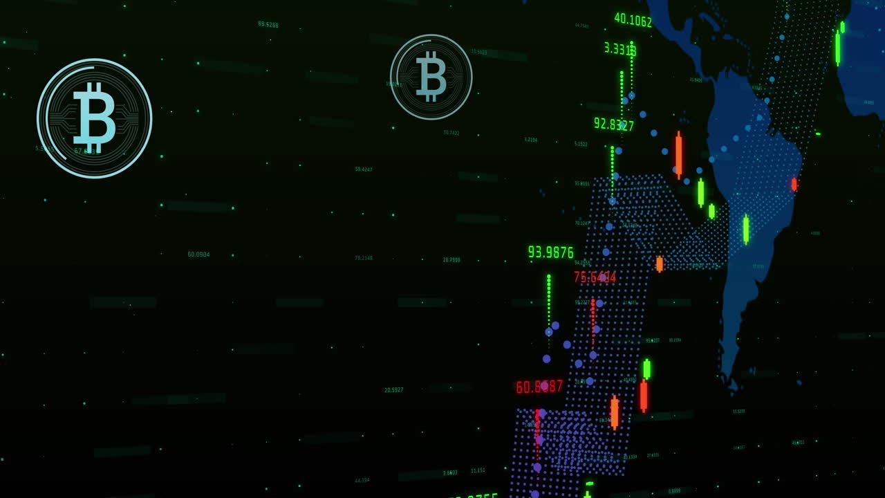animación del procesamiento de datos y el símbolo de bitcoin sobre fondo negro