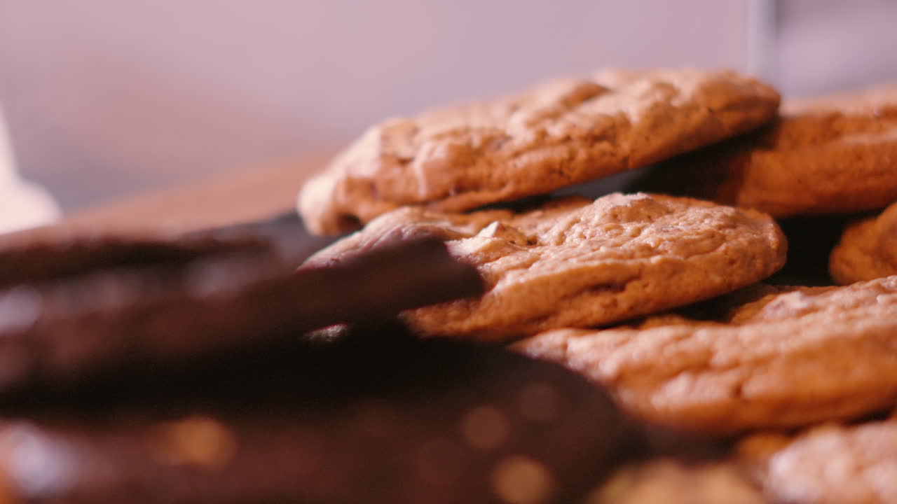 Delicious Freshly Made Cookies Out for Sale with Slow Moving Elegant Camera Move. Bakery Products from Small Independent Local Business Ready to Purchase