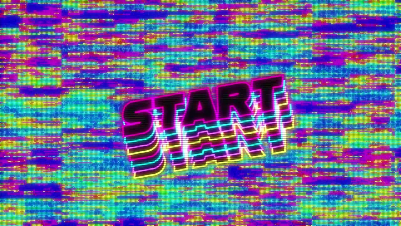 Animation of Start text on screen with stripes in hypnotic motion in seamless loop