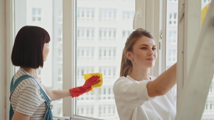 due donne che puliscono le finestre