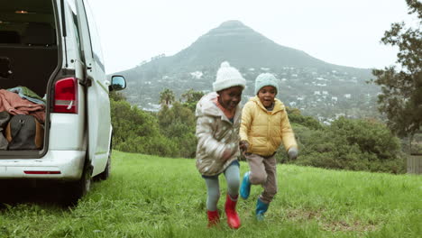 camping, play or children running in park outdoors