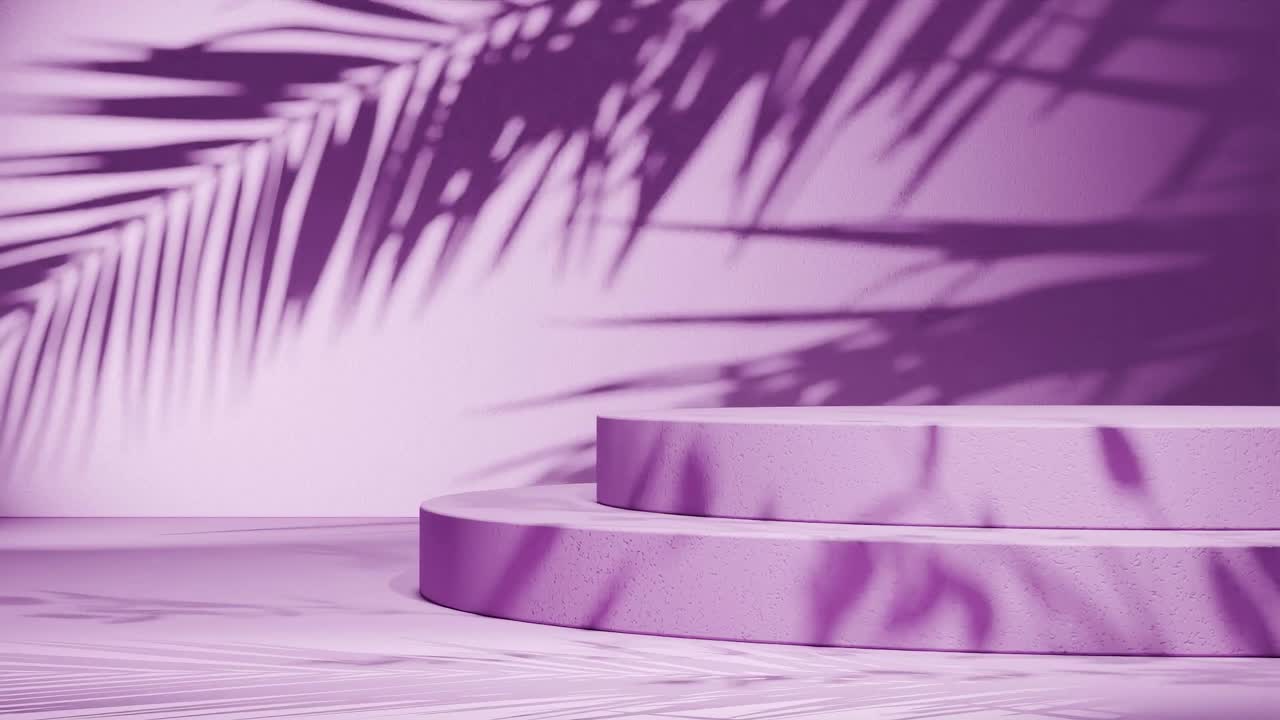 Minimal round podium with tropical palm leaf shadows on pink background. Natural sunlight overlay in studio setting. Botanical and product display mockup. Design for banner, postcard.