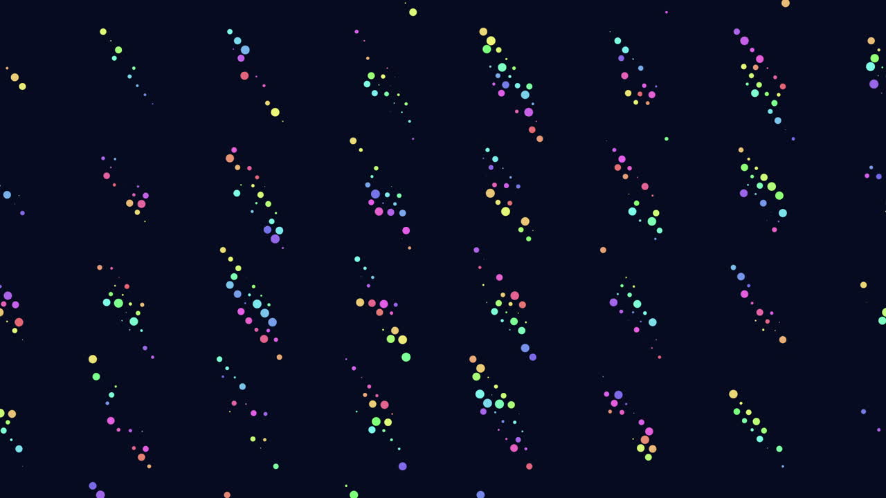 Vibrant colored dots on a black background form a pattern reminiscent of raindrops descending from the sky. Various hues like red, blue, green, yellow, and purple are blended harmoniously in design