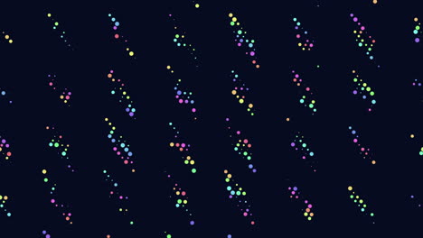 vibrant colored dots on a black background form a pattern reminiscent of raindrops descending from the sky. various hues like red, blue, green, yellow, and purple are blended harmoniously in design
