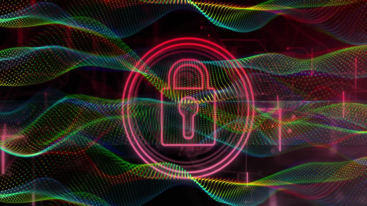 animación del icono del candado sobre puntos de colores.