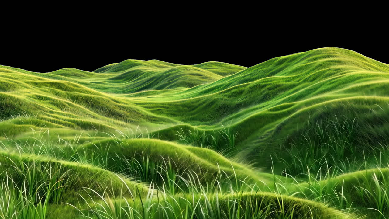 Lush green rolling grassy hills animated overlay, transparent 4K video, alpha channel, ProRes 4444