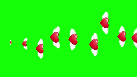 animación de corazones alados vuelan de izquierda a derecha en el fondo de la pantalla verde. corazones rojos agitan sus alas. feliz día de san valentín. plantilla para el día de la madre, día de la mujer, 8 de marzo. canal alfa, 4k.