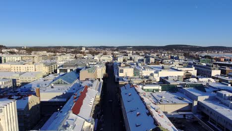 Aerial-view-of-downtown-Jyväskylä-bathing-in-winter-sun