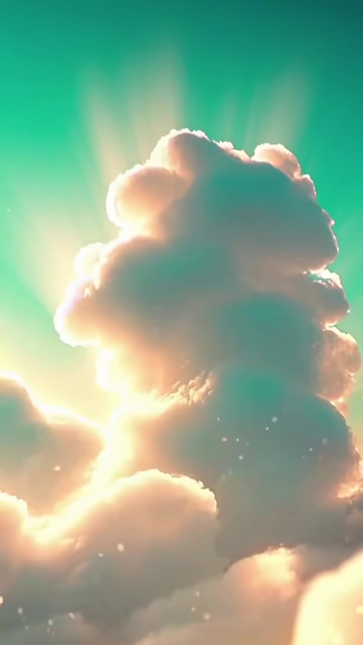 Maestosa formazione nuvolosa con luminosi raggi di sole in un cielo verde acqua