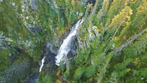 Cascada-En-El-Corazón-Del-Bosque-Sueco-En-Colores-Otoñales-Con-Rayos-De-Sol-Pasando-A-Través-De-Los-Abetos