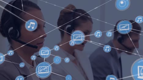 Animation-of-network-of-digital-icons-over-caucasian-woman-wearing-phone-headset-smiling-at-office