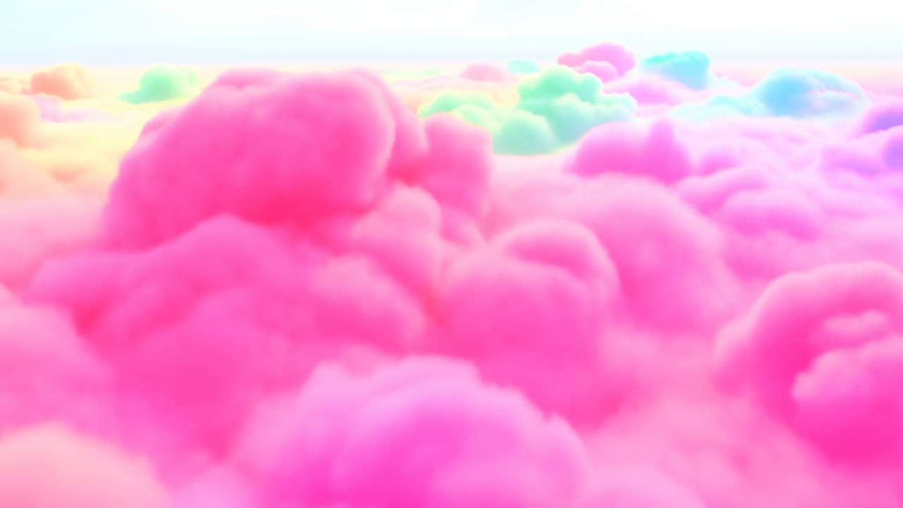 Pink Pastel Clouds Fill Frame, Cotton Candy Skyline Drifting Under Soft Iridescent Light, Aerial Perspective