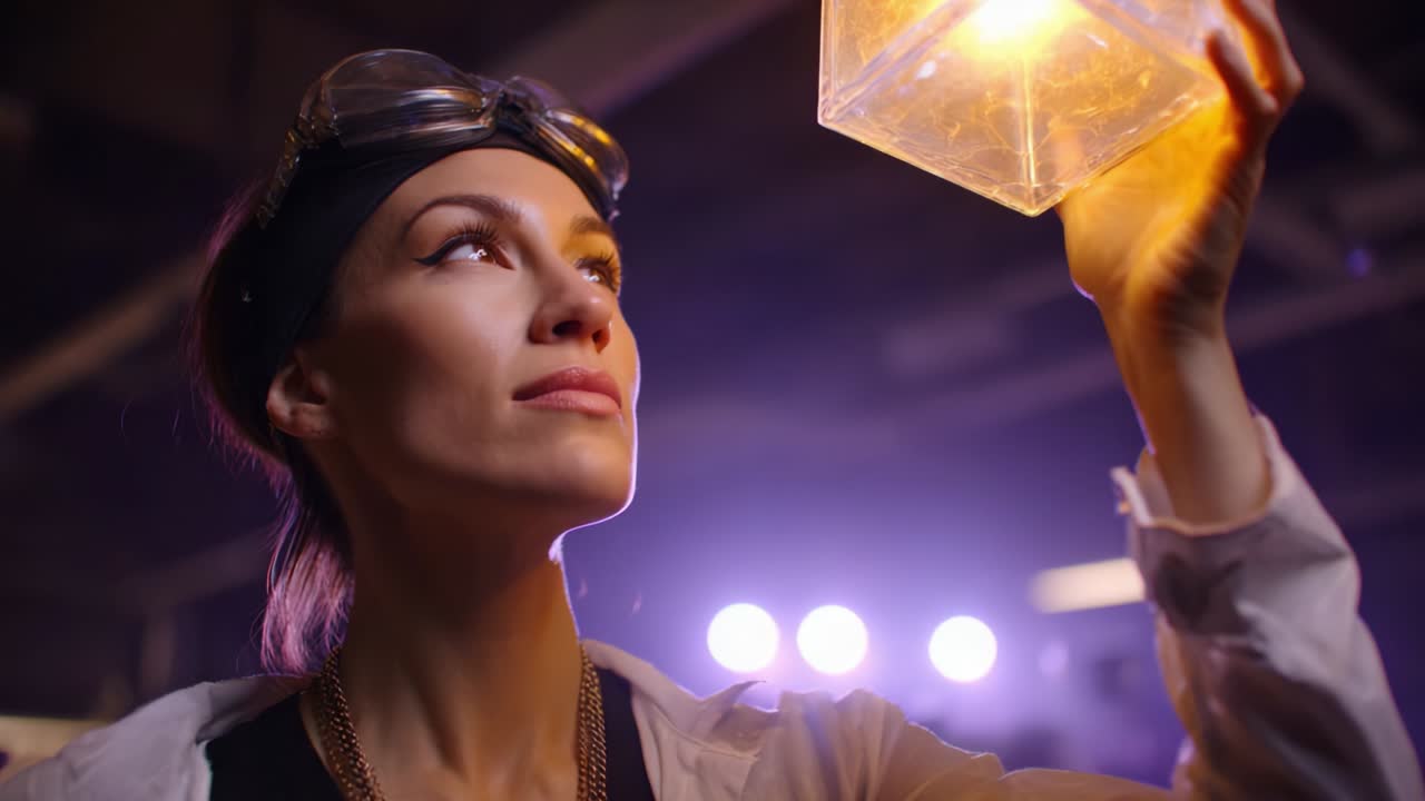 A Scientist in a Lab Gazes Wonderingly at a Glowing Crystal Cube, Illuminated by Soft Purple and Blue Lights, Exploring the Mysteries of Light and Matter in a Futuristic Laboratory Setting