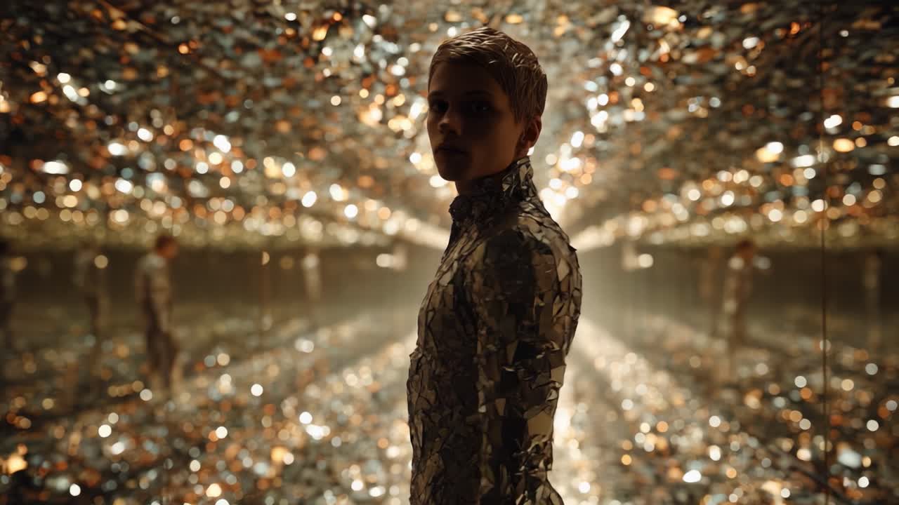 A stunning visual of an individual adorned in a mirrored outfit, standing in a mesmerizing room filled with reflections and sparkling lights that create an ethereal atmosphere
