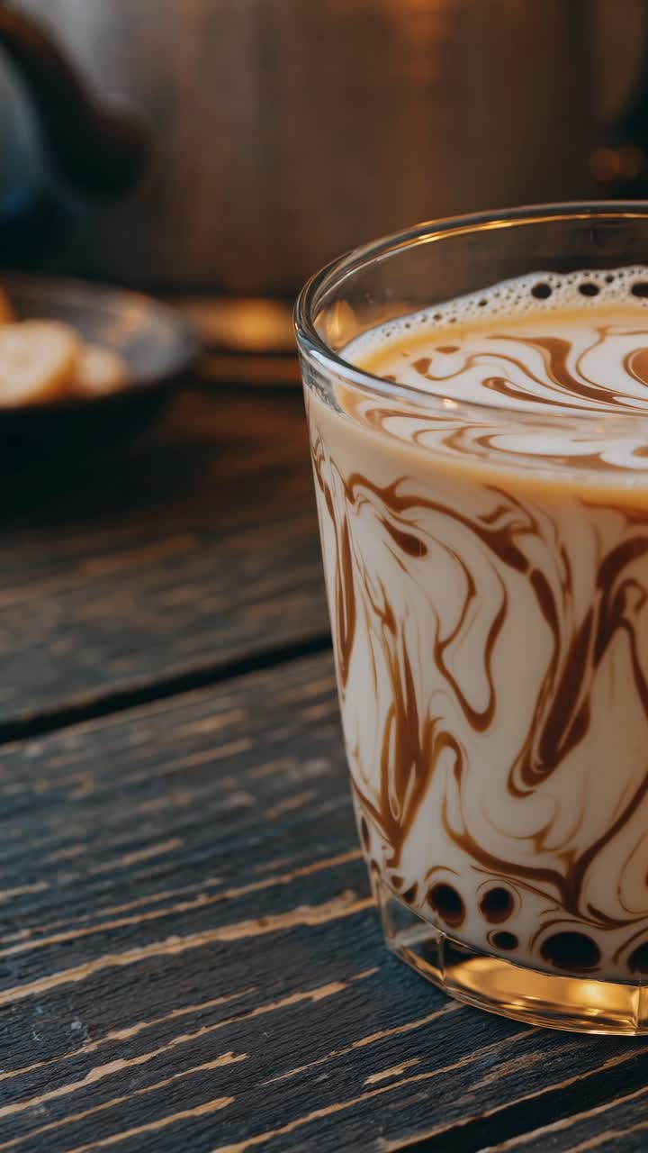 Fermo immagine video ravvicinato di un bicchiere con caffè e latte mescolati, ripreso da un'angolazione laterale.