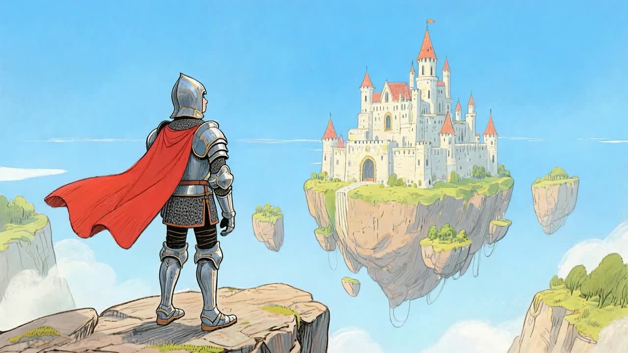 Knight contemplating a floating city