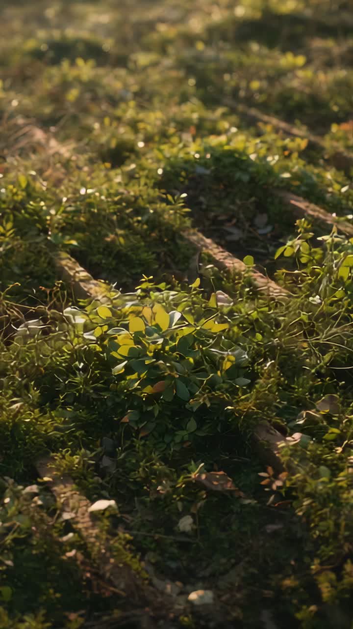 Vertical video: Starting on clump in grass, camera drifting revealing mossy rails, showing decay