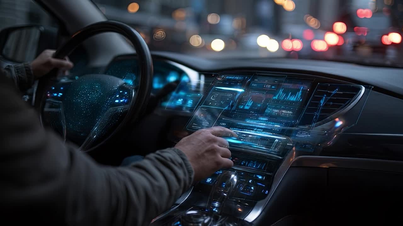 Conducente che utilizza un'interfaccia touchscreen avanzata in una città di notte