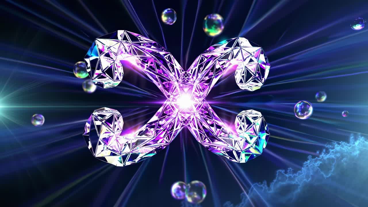 Low poly infinity symbol radiating colorful bubbles, emitting luminous light rays against dark cosmic backdrop, generating surreal ethereal visual environment with volumetric illumination