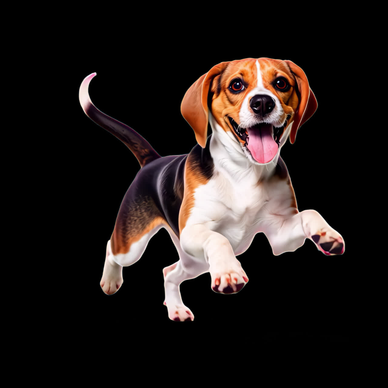 Filmato di un allegro beagle che salta giocando, isolato, video 4K trasparente, canale alfa