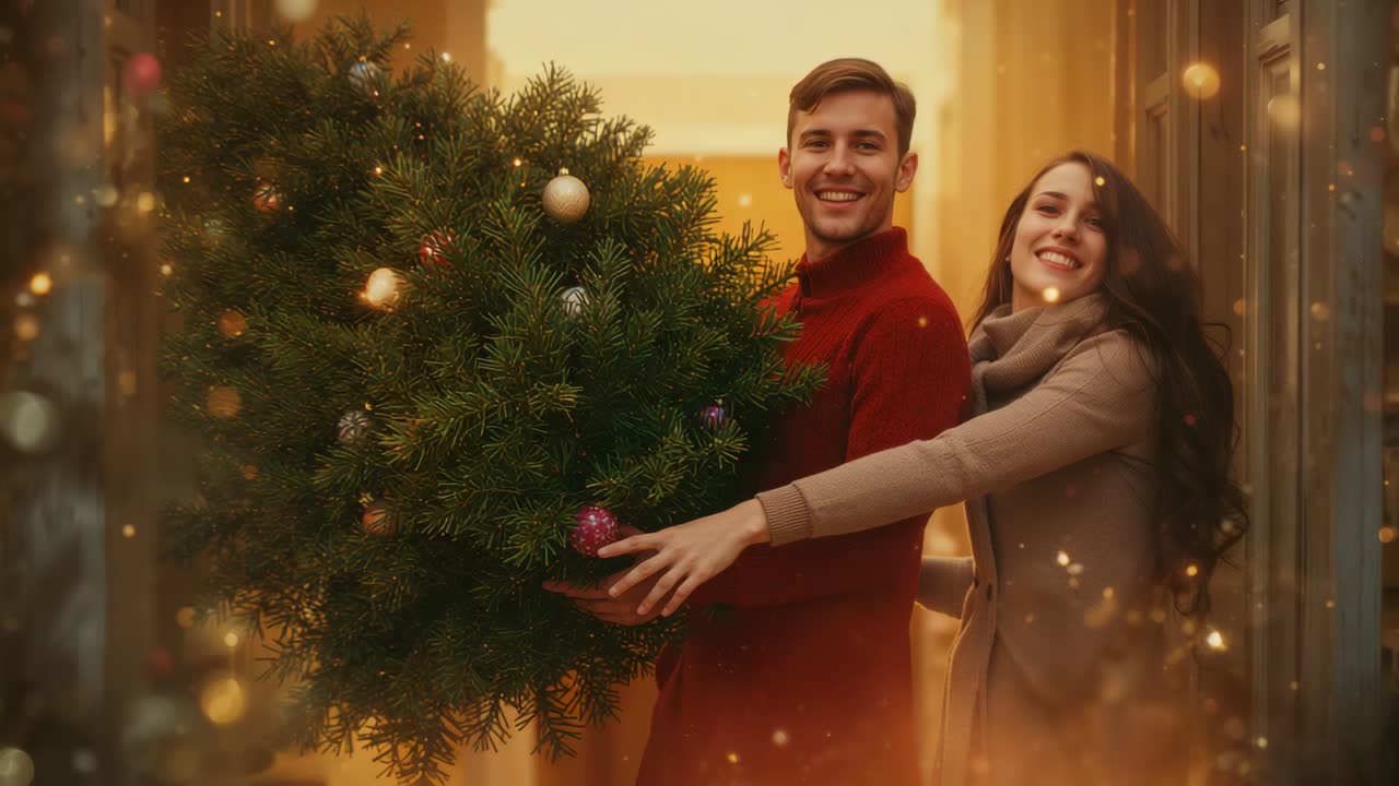 Smiling couple carrying decorated Xmas tree down hallway, steadying ornaments celebrating holiday