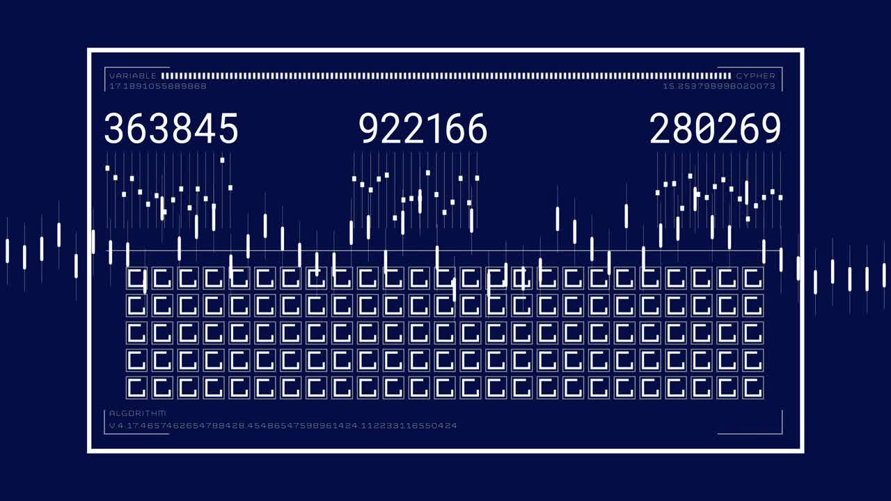 Animation of rectangle with changing numbers and loading squares on blue background